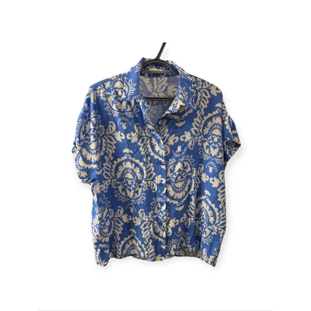 Staccato Blue and White Floral Print Button Front Blouse Size M - Picture 2 of 5